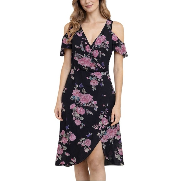 Blush Dresses & Skirts - City Chic Blush Floral Faux Wrap Dress Cold Shoulder Flutter Sleeve Midi Dress